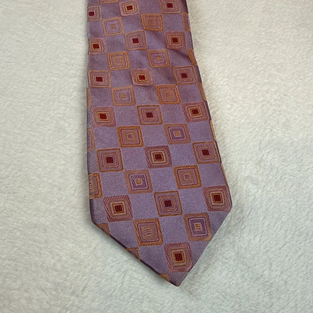 Ted Baker London Mens Silk Tie Purple Geometric Square Pattern Made in USA